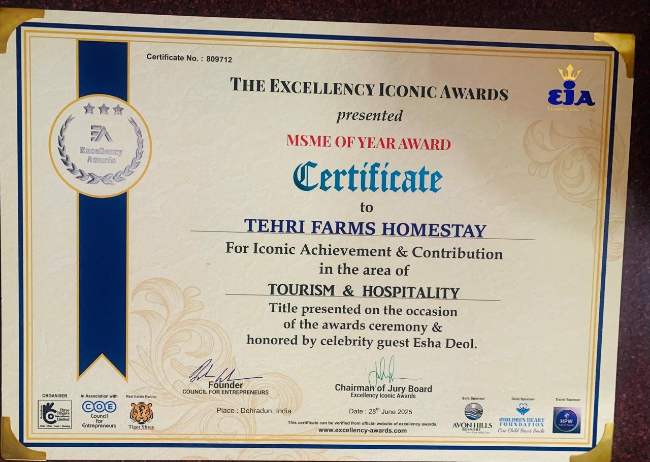 MSME of Year Award certificate awarded to Tehri Farms Homestay
